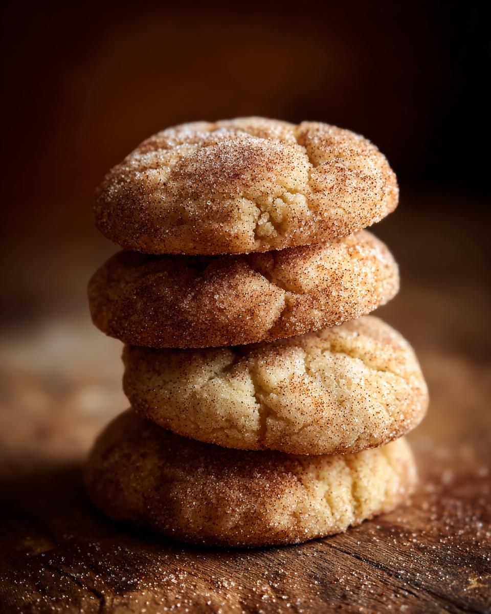 A stack of four soft & chewy brown sugar cinnamon cookies on a wooden surface, dusted with sugar and cinnamon.