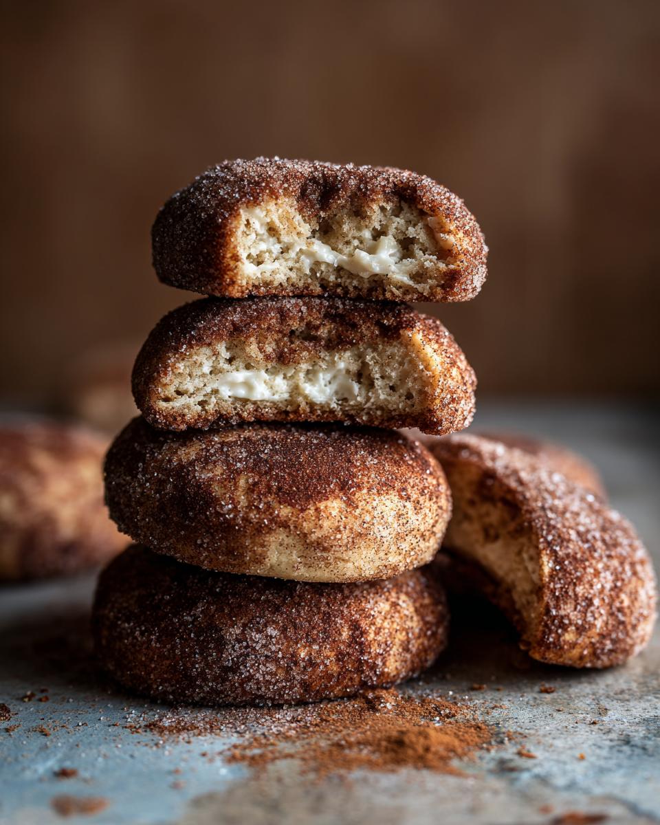A stack of soft & chewy Brown Sugar Cinnamon Cookies, some with bites taken to show the creamy filling.