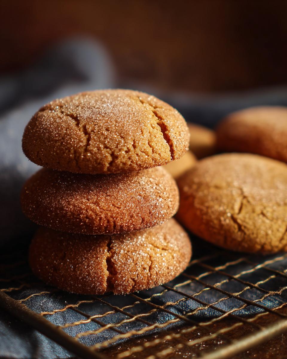 A stack of three soft & chewy brown sugar cinnamon cookies on a wire rack, dusted with sugar.