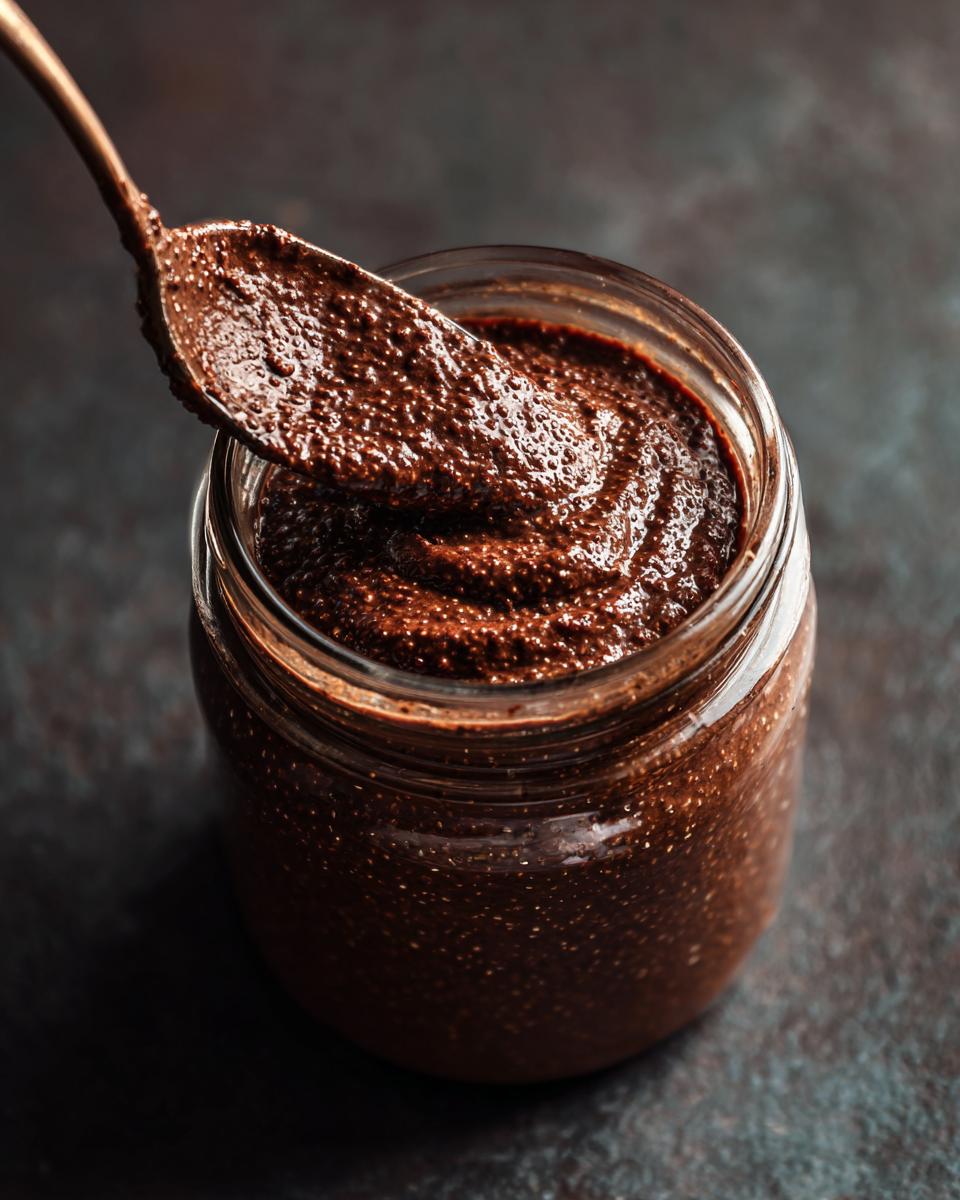 Close-up of Brownie Batter Chocolate Overnight Oats in a glass jar with a spoon scooping some out.