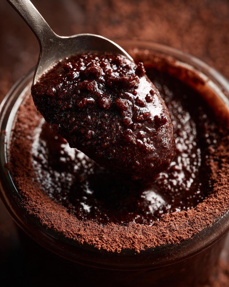 Spoonful of rich Brownie Batter Chocolate Overnight Oats being lifted from a glass jar.