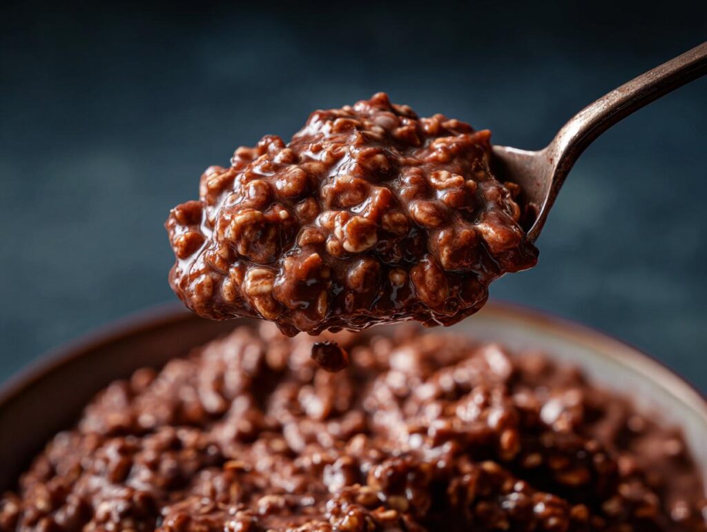 Spoonful of delicious Brownie Batter Chocolate Overnight Oats, ready to eat. Rich, chocolatey, and healthy breakfast.