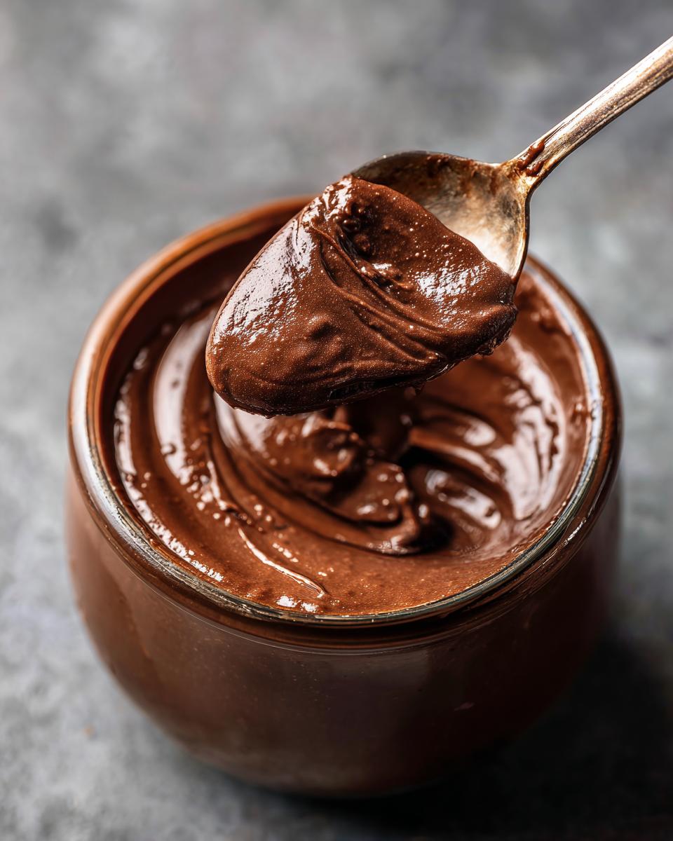 Spoonful of creamy Brownie Batter Chocolate Overnight Oats being lifted from a jar.