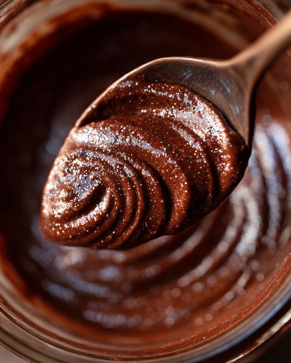 Close-up of Brownie Batter Chocolate Overnight Oats on a spoon, showing rich, glossy texture.