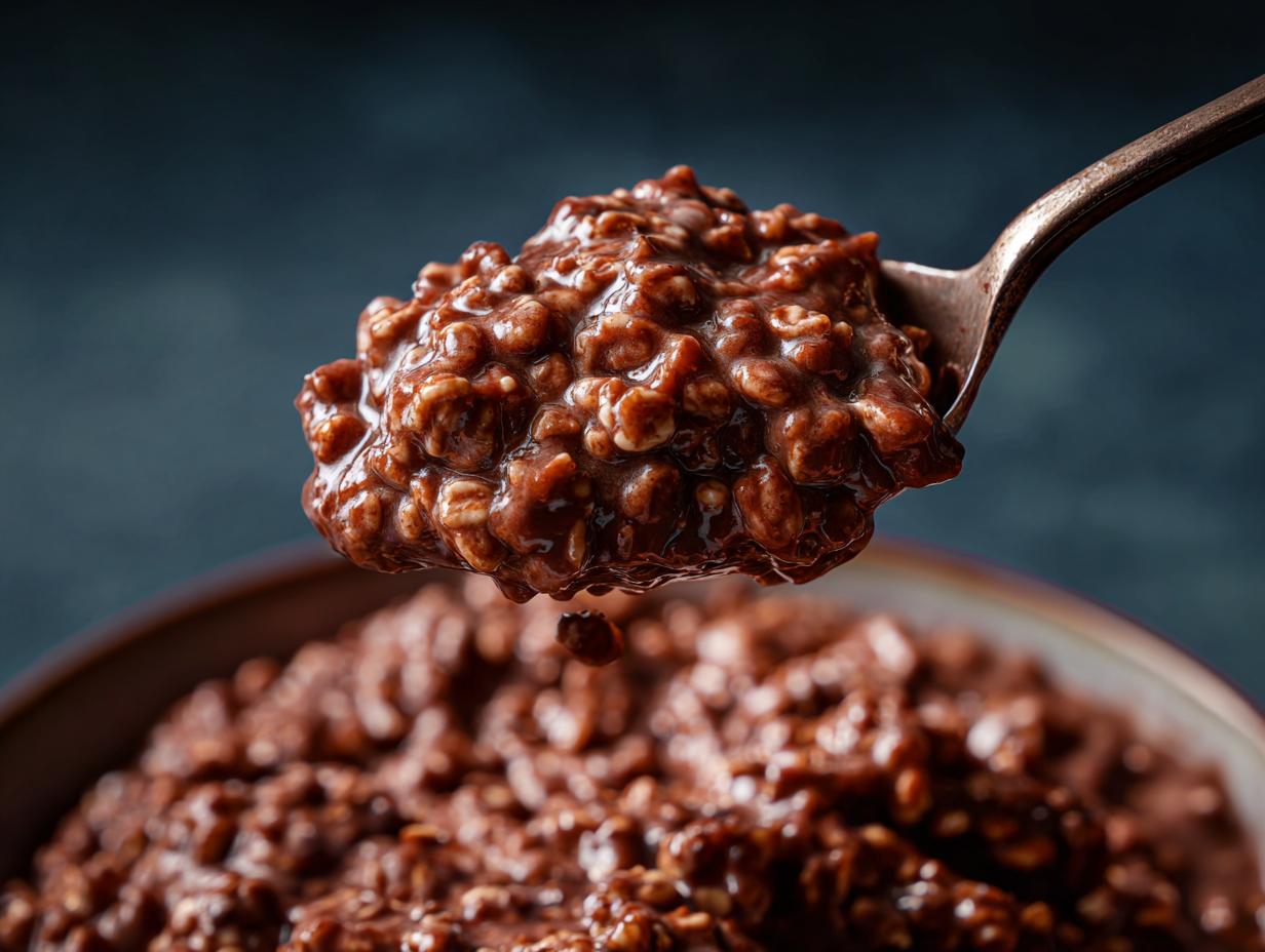 Spoonful of delicious Brownie Batter Chocolate Overnight Oats, ready to eat. Rich, chocolatey, and healthy breakfast.