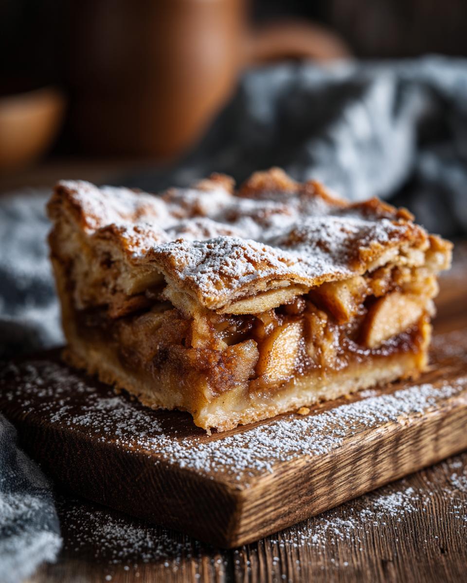 A single slice of Buttery Flaky Apple Pie Bars, dusted with powdered sugar, on a wooden board.