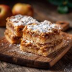 Stack of Buttery Flaky Apple Pie Bars dusted with powdered sugar on a wooden board.