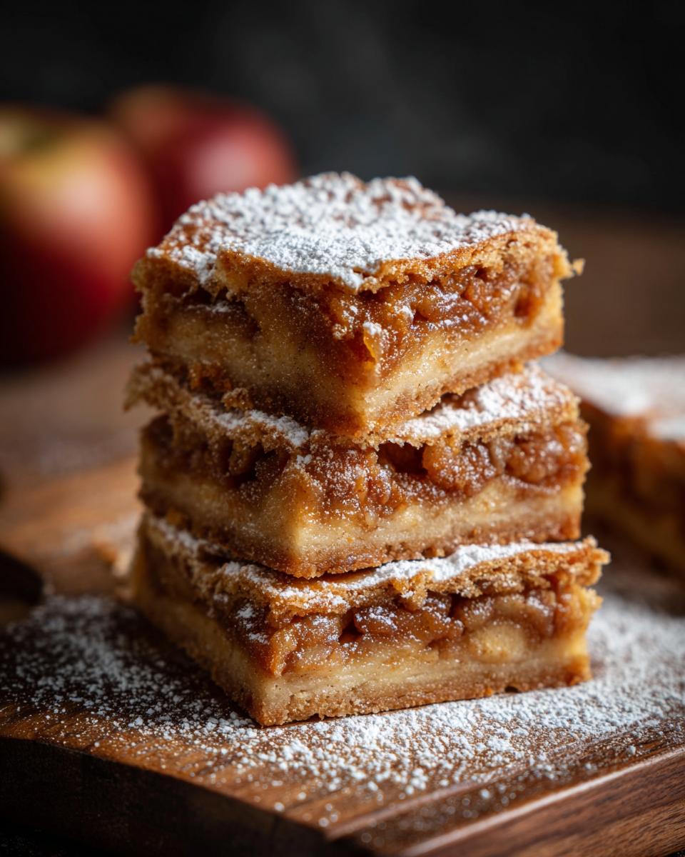 A stack of three Buttery Flaky Apple Pie Bars dusted with powdered sugar on a wooden board.