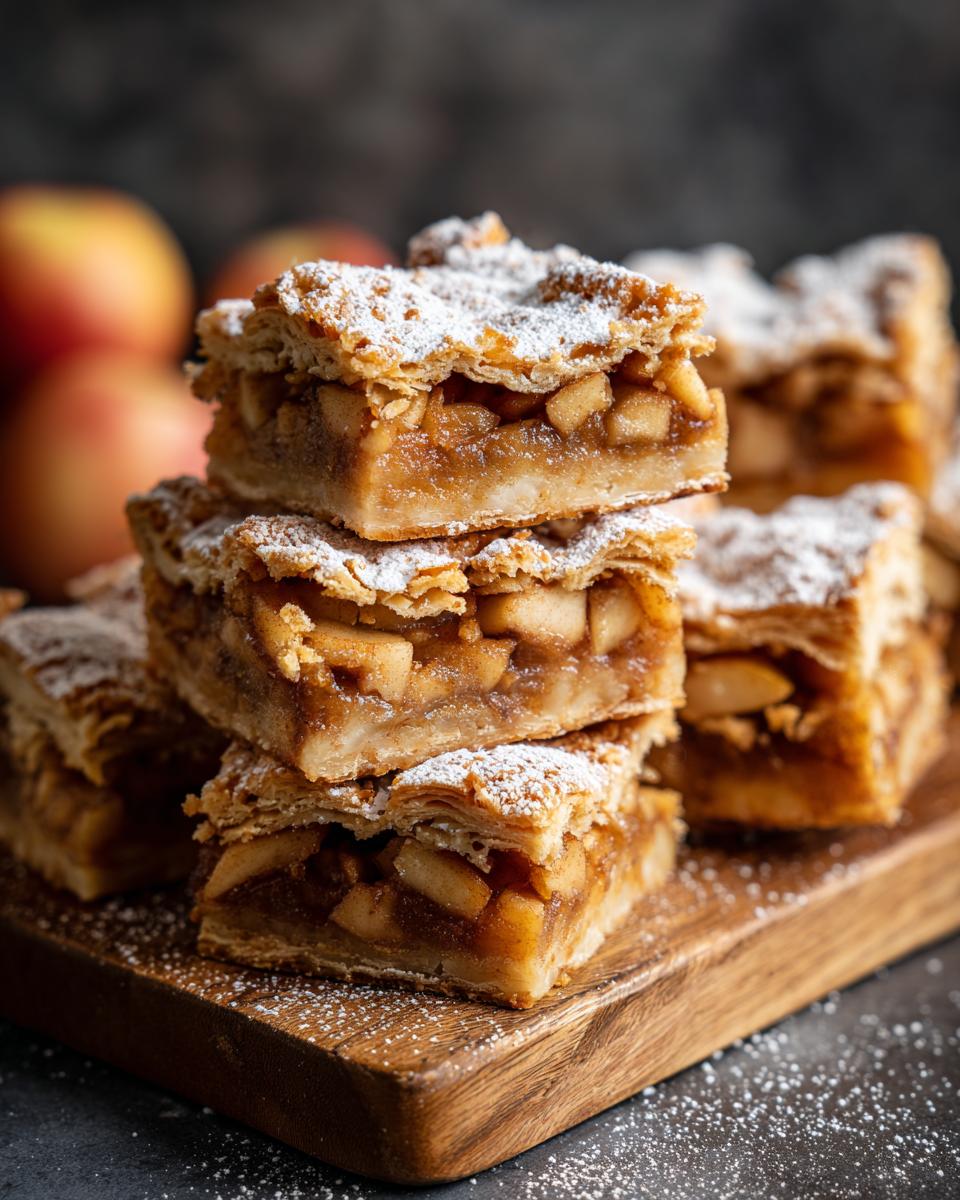 A stack of Buttery Flaky Apple Pie Bars dusted with powdered sugar on a wooden board.