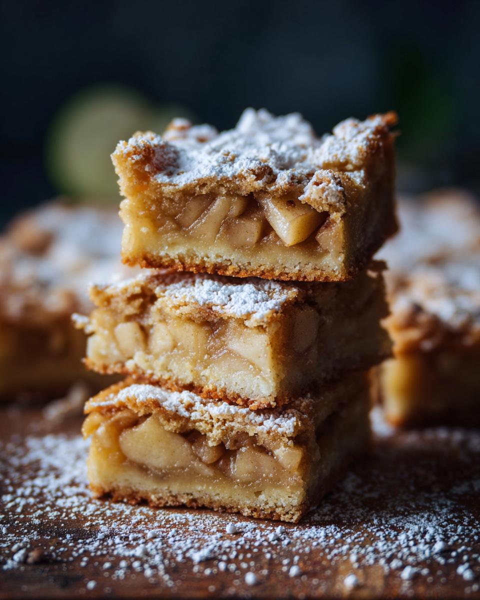 A stack of three Buttery Flaky Apple Pie Bars dusted with powdered sugar on a wooden surface.