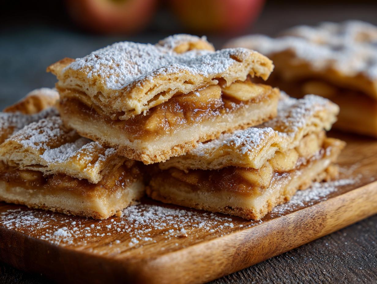 A stack of Buttery Flaky Apple Pie Bars dusted with powdered sugar, sitting on a wooden board.