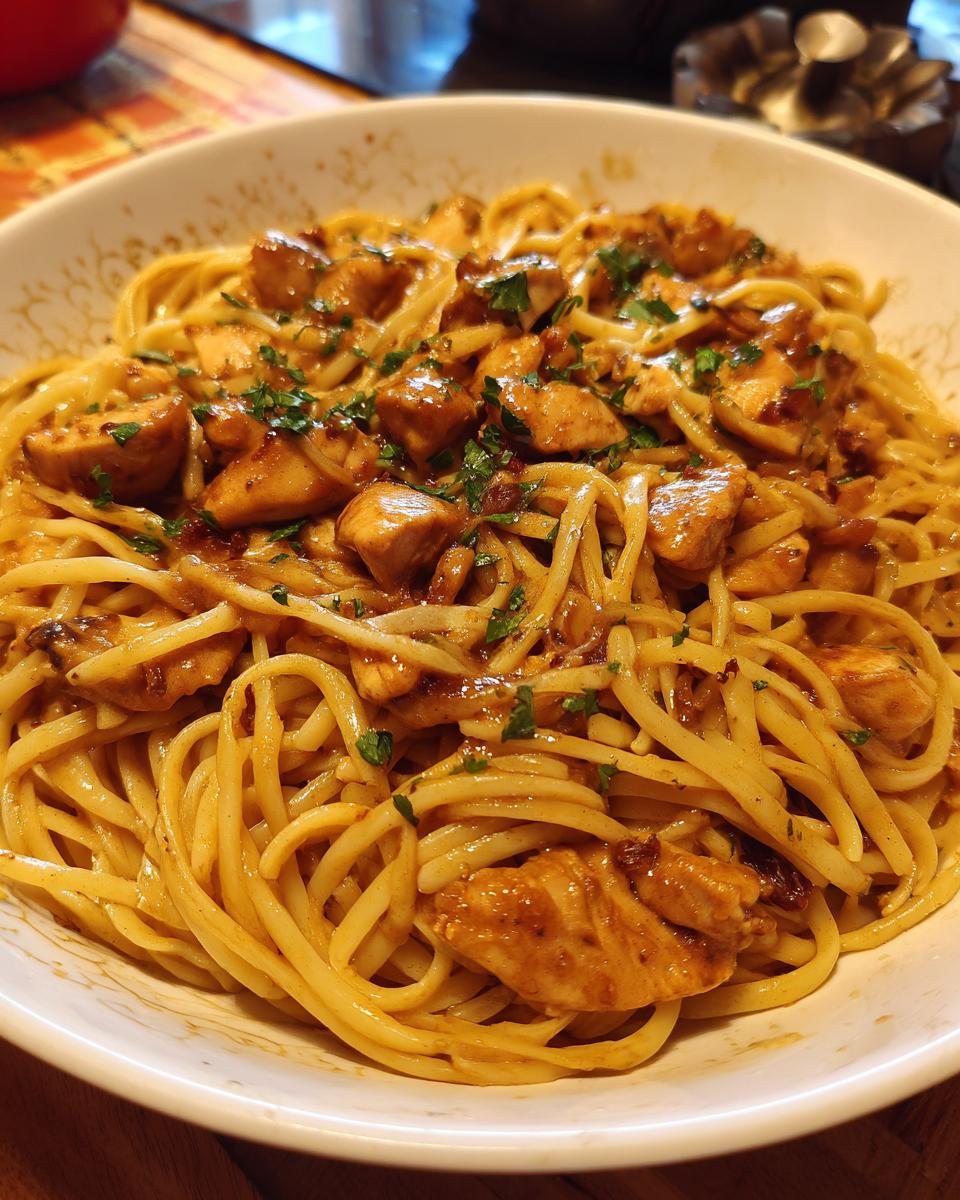 A bowl of Bww Garlic Parmesan Chicken Pasta, featuring linguine, chicken, and a creamy garlic parmesan sauce.