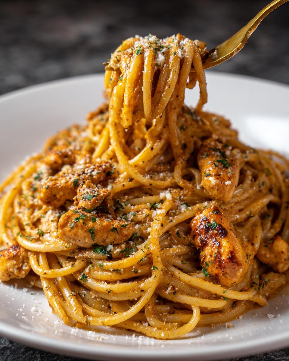 Close-up of Bww Garlic Parmesan Chicken Pasta on a white plate, garnished with parsley and parmesan.