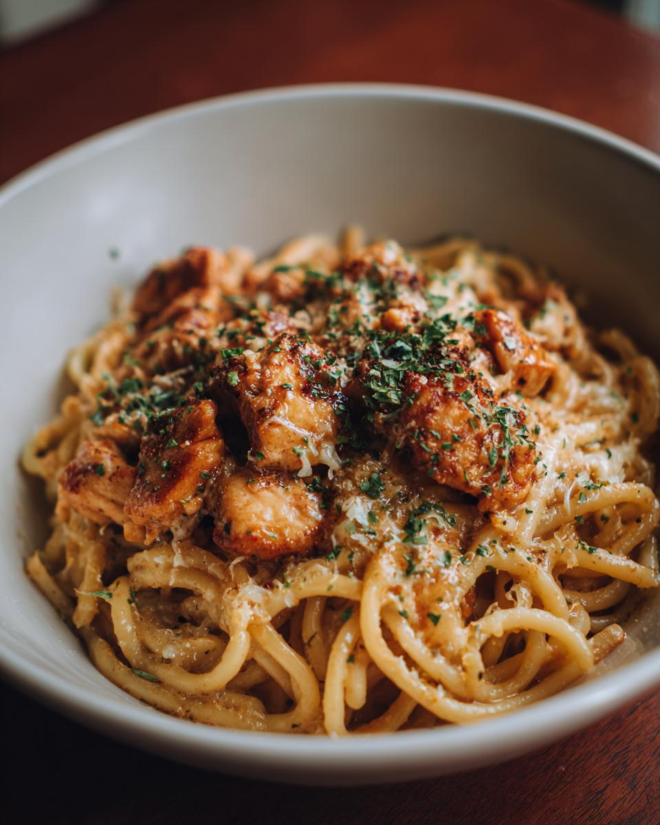 Close-up of a bowl of Bww Garlic Parmesan Chicken Pasta, garnished with herbs and cheese.