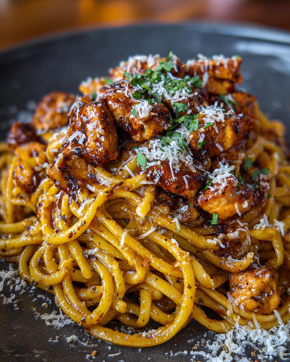 Close-up of Bww Garlic Parmesan Chicken Pasta, featuring pasta, chicken, parmesan, and herbs.