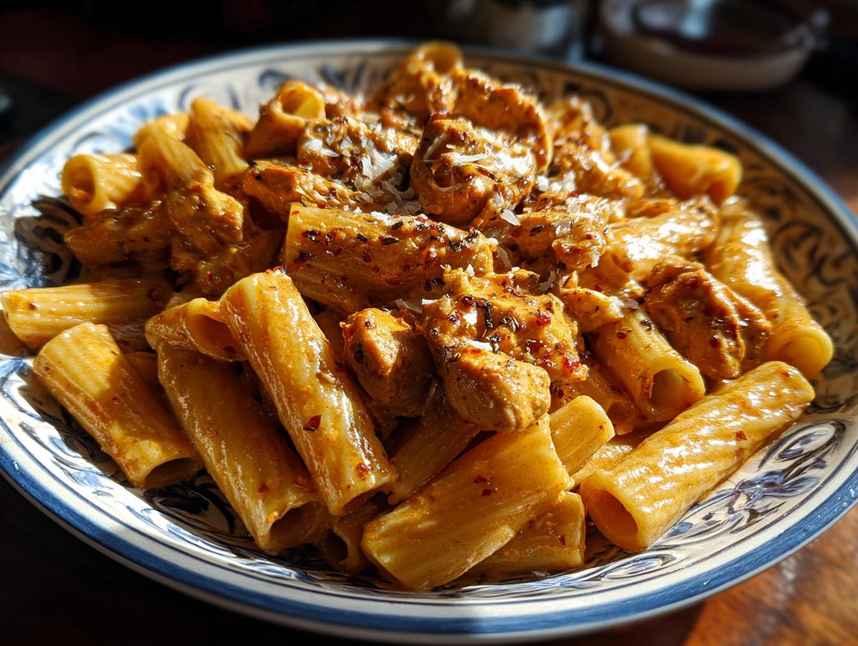 A bowl of Bww Garlic Parmesan Chicken Pasta, featuring rigatoni pasta and chicken in a creamy sauce.