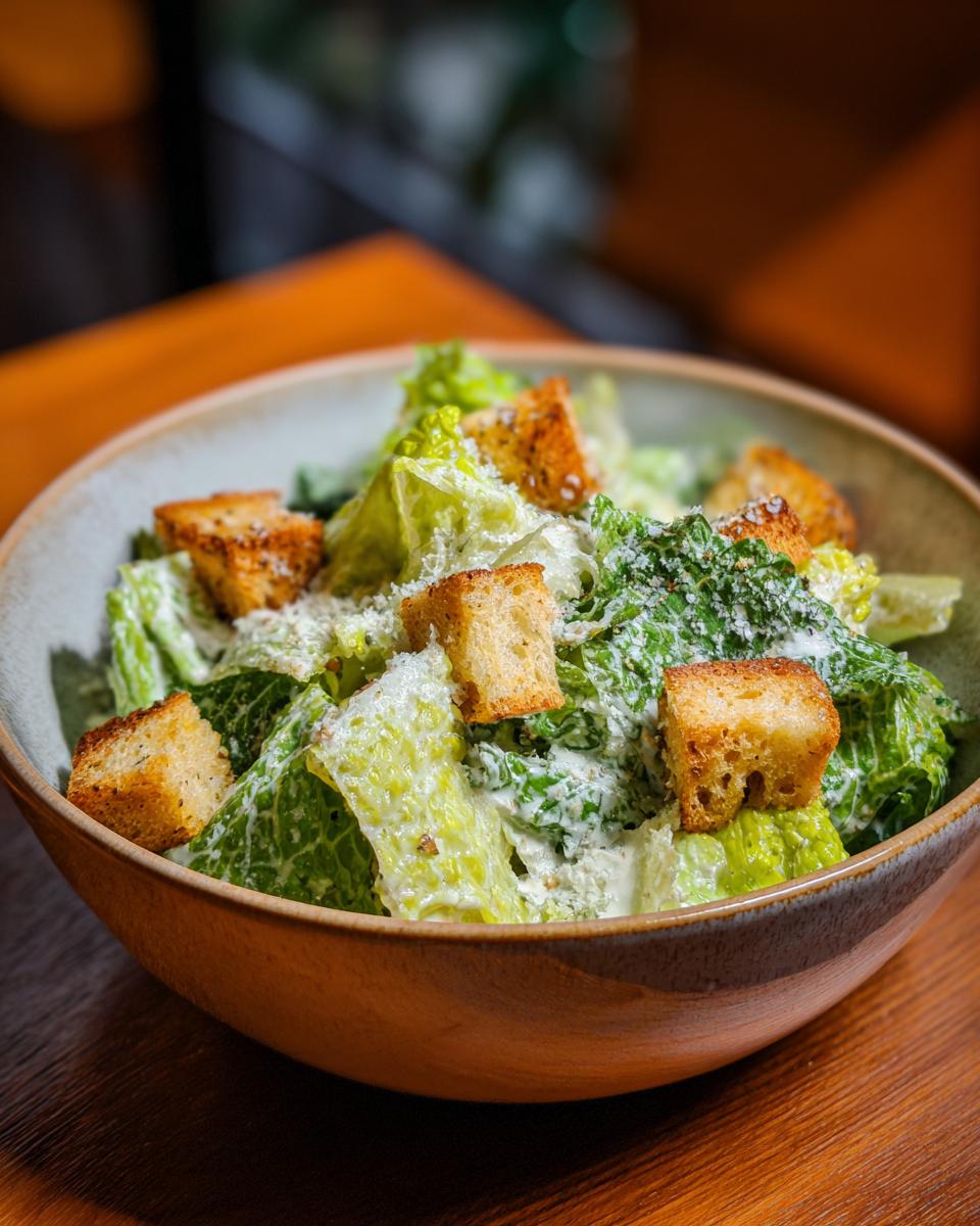 A fresh Caesar Salad in a bowl, topped with croutons, parmesan, and creamy dressing.