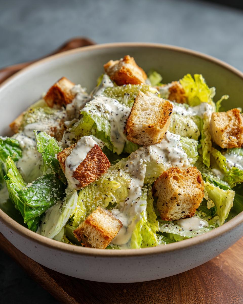 A bowl of Caesar Salad featuring romaine lettuce, creamy dressing, croutons, and parmesan cheese.