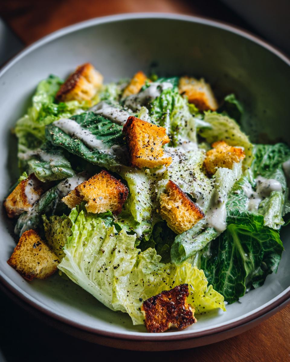 A bowl of Caesar Salad with romaine lettuce, creamy dressing, crunchy croutons, and a sprinkle of black pepper.