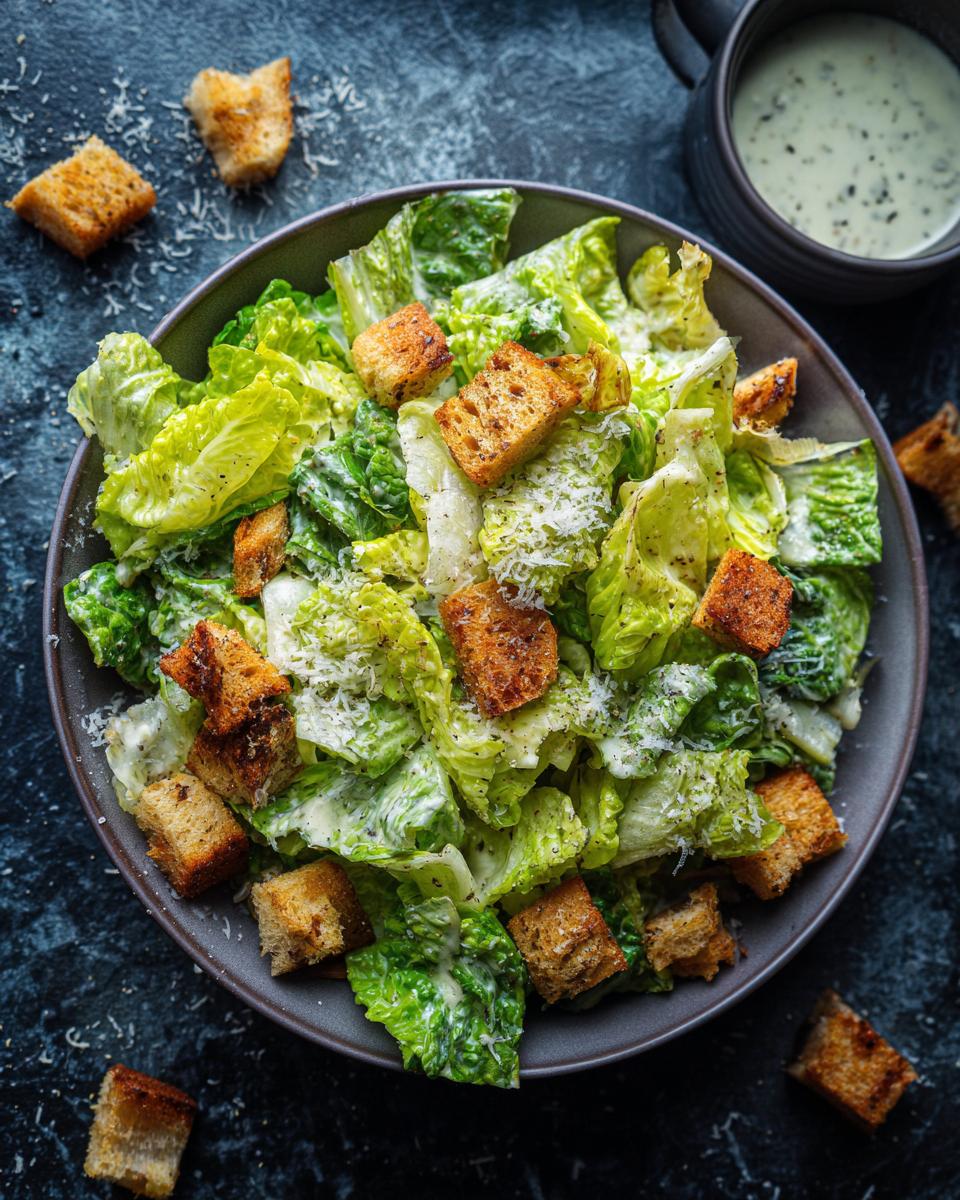 Overhead shot of a Caesar Salad with romaine lettuce, croutons, parmesan, and dressing.