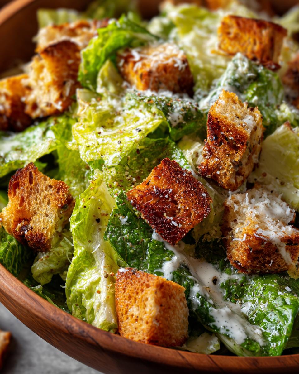 Close-up of a Caesar Salad in a wooden bowl, featuring romaine lettuce, croutons, dressing, and parmesan.