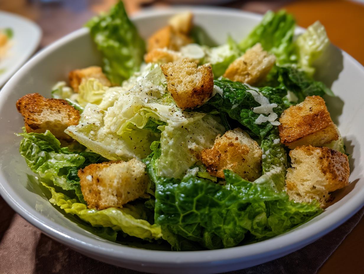 A bowl of delicious Caesar Salad with crisp romaine lettuce, croutons, and creamy dressing.