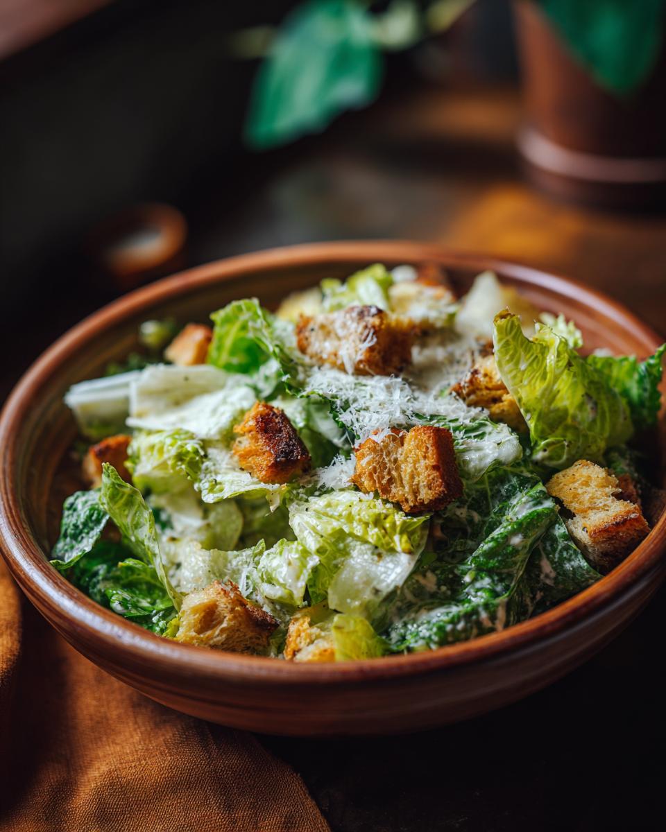 A wooden bowl filled with Grandma's Caesar Salad, featuring romaine lettuce, croutons, and parmesan cheese.