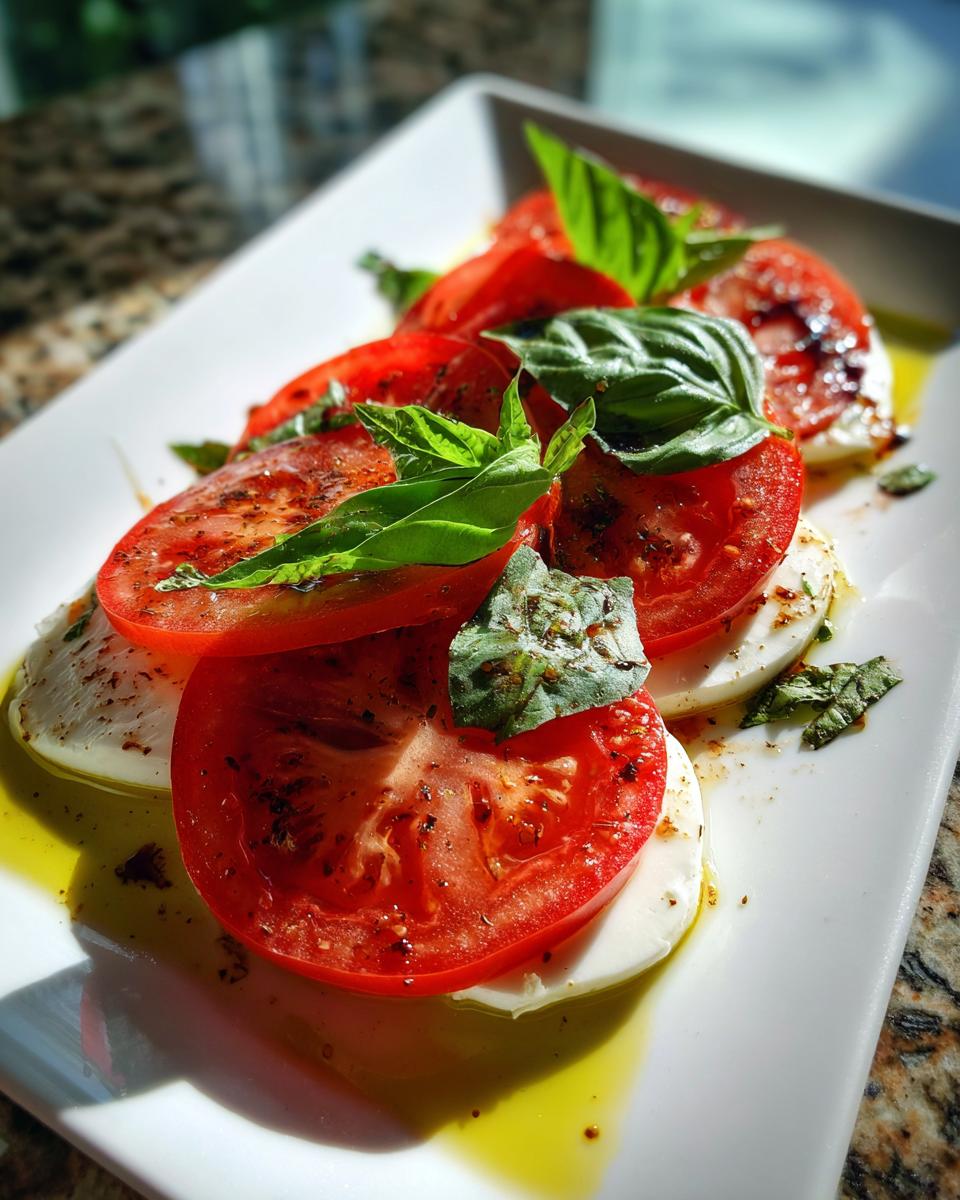 Close-up of a Caprese Salad Tomato Mozzarella Basil on a white plate, drizzled with olive oil and balsamic glaze.