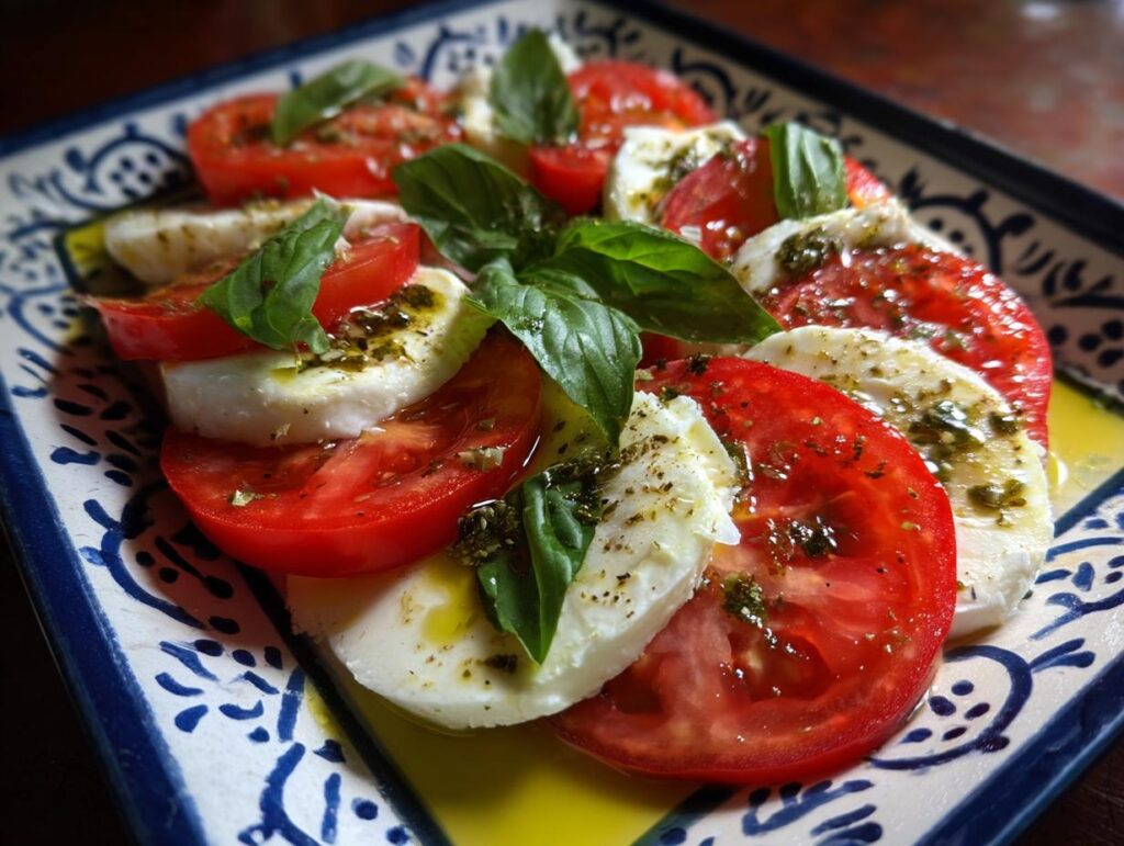 Close-up of Caprese Salad Tomato Mozzarella Basil, drizzled with olive oil, on a decorative blue and white plate.