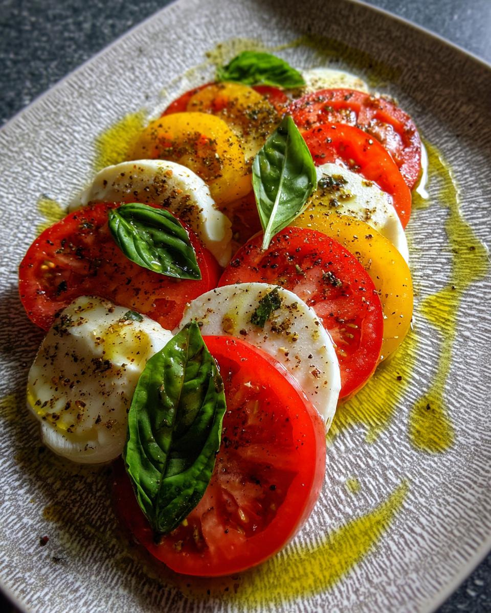 Close-up of a Caprese Salad featuring sliced tomato, mozzarella, and basil, drizzled with olive oil.