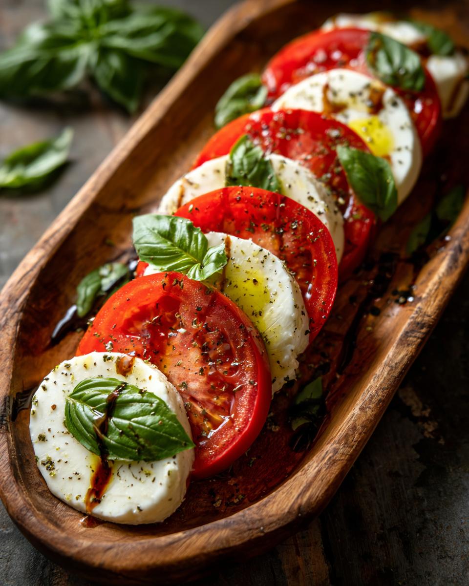 Close-up of Caprese Salad Tomato Mozzarella Basil slices arranged on a rustic wooden plate, drizzled with balsamic glaze.