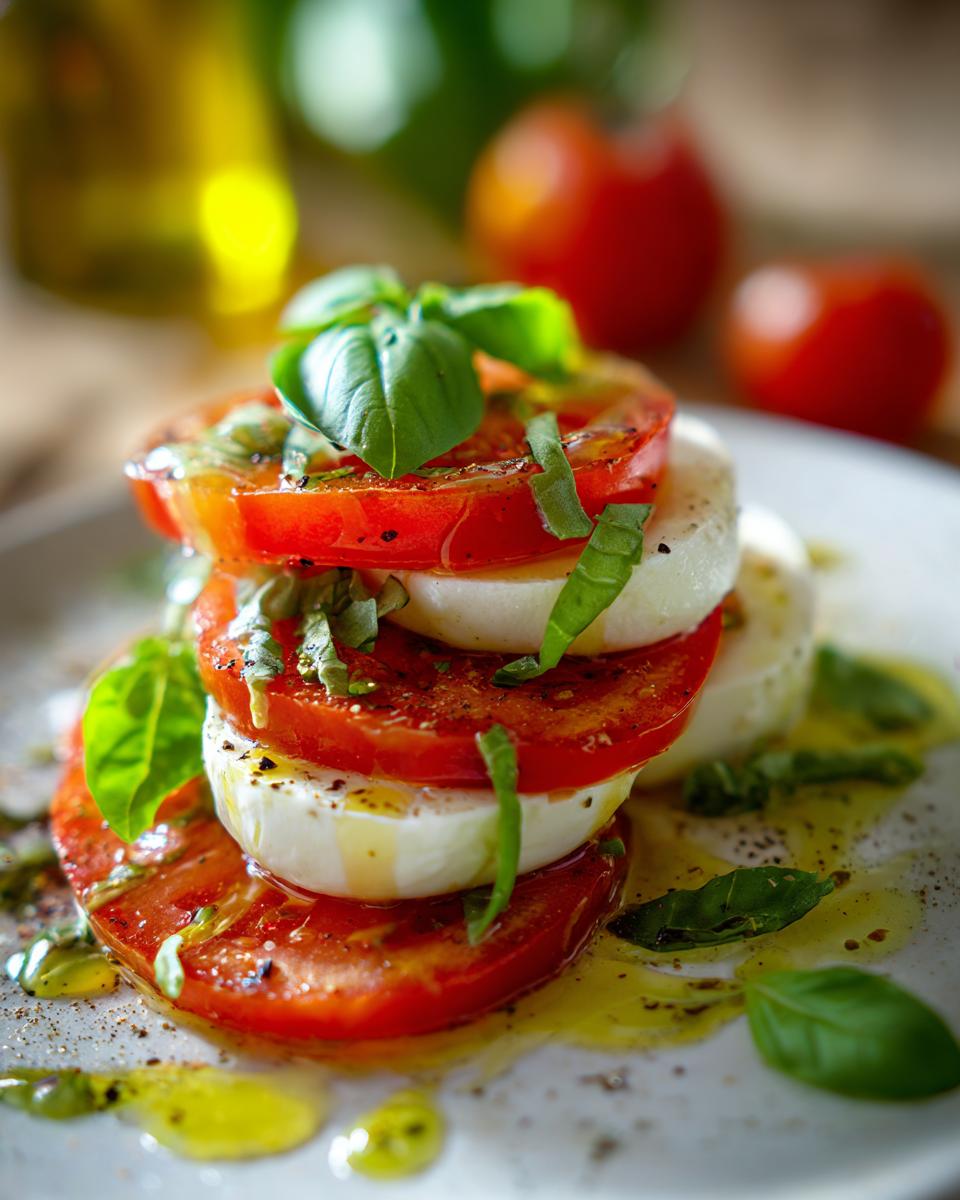 A vibrant Caprese Salad Tomato Mozzarella Basil stack, drizzled with olive oil and garnished with fresh basil leaves.