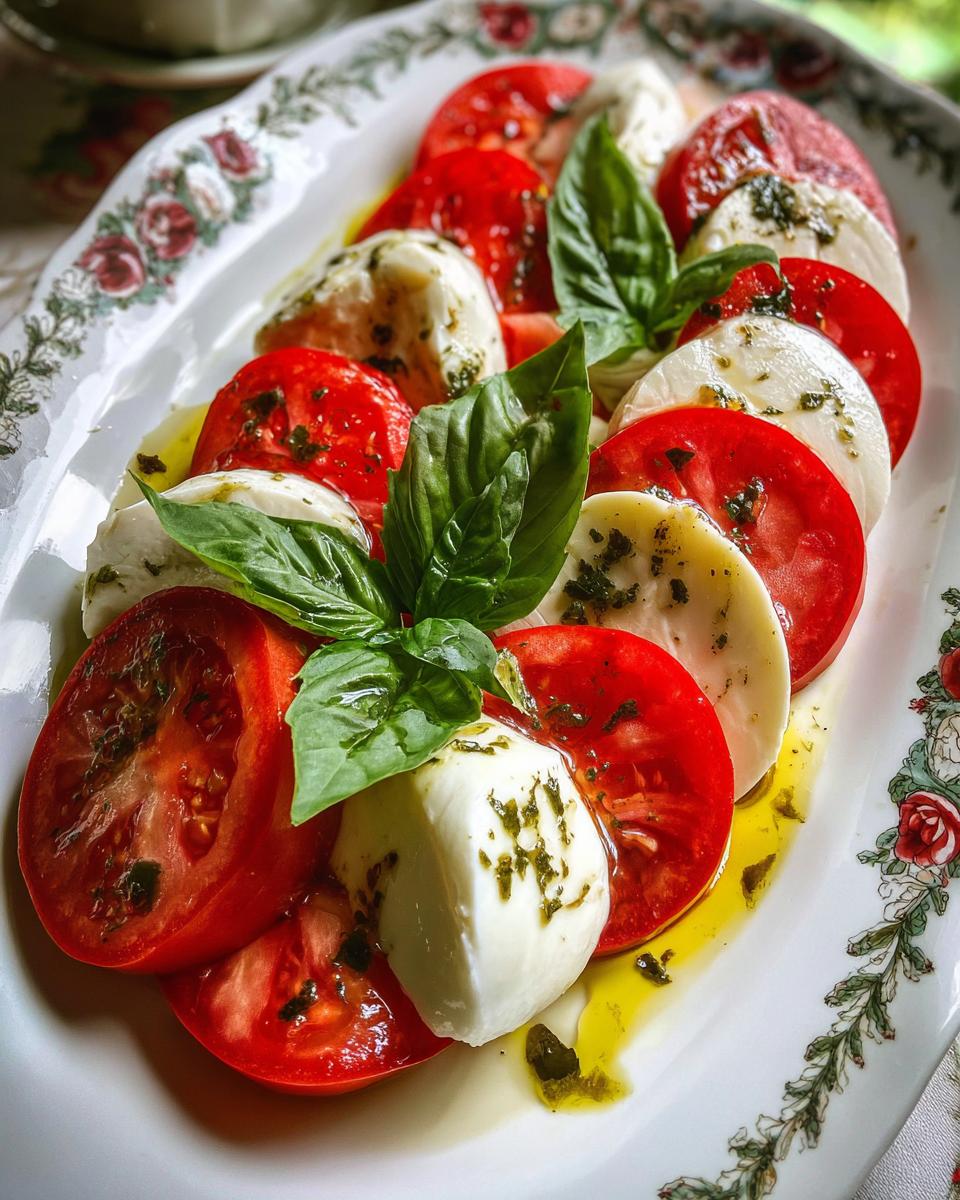 Classic Caprese Salad Tomato Mozzarella Basil arranged on a decorative plate with fresh basil leaves.