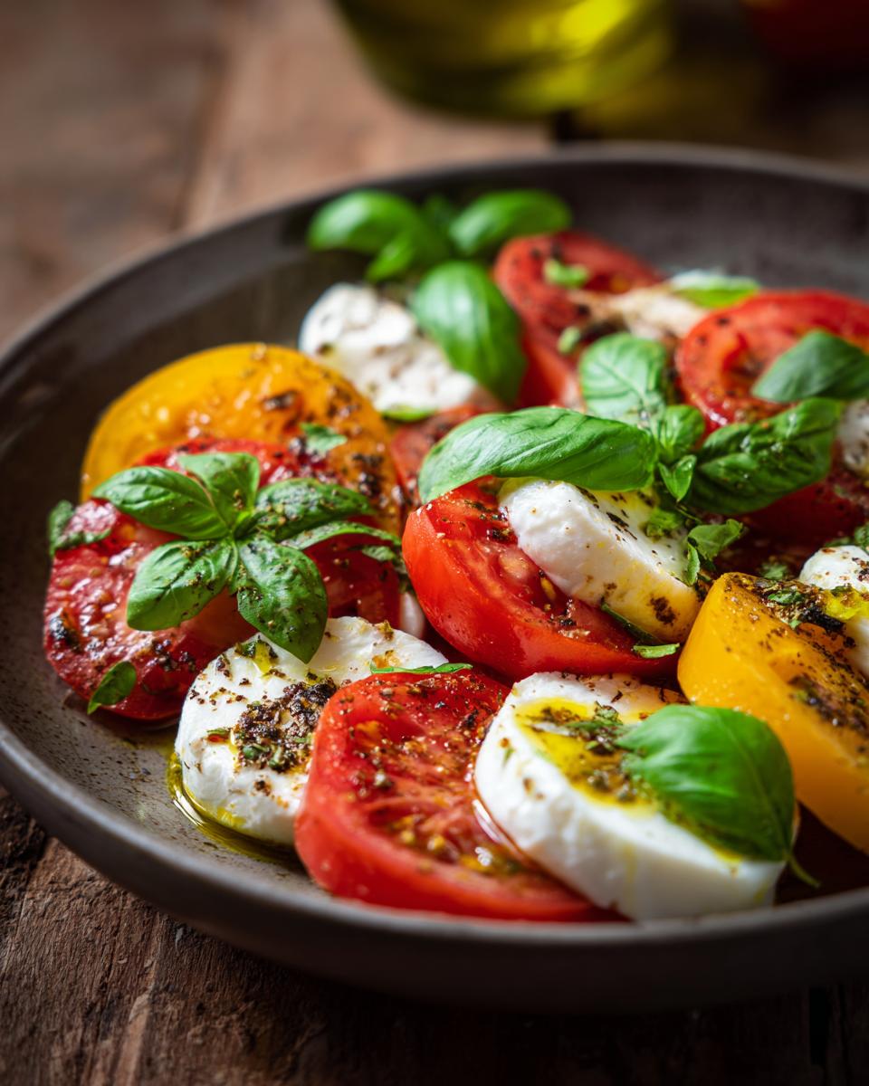 A vibrant Caprese Salad featuring fresh tomato, mozzarella, and basil, drizzled with olive oil and seasonings.