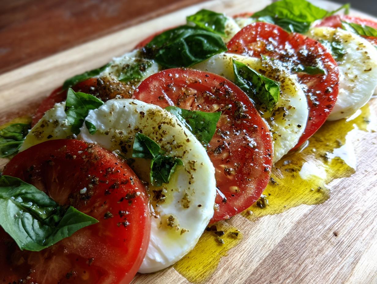Close-up of a Caprese Salad Tomato Mozzarella Basil dish with fresh basil leaves and olive oil drizzle.