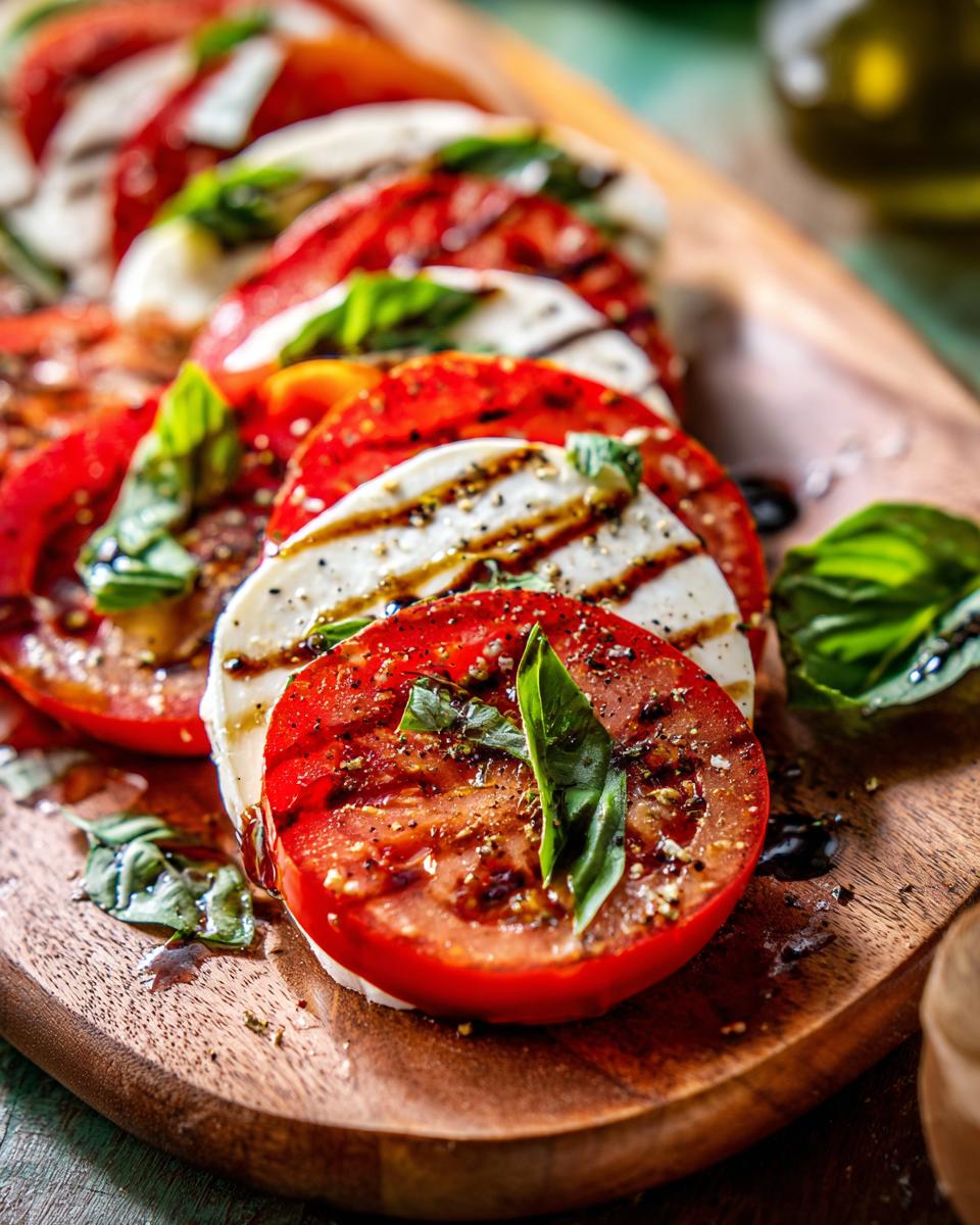 Close-up of Caprese Salad Tomato Mozzarella Basil on a wooden board, drizzled with balsamic glaze.