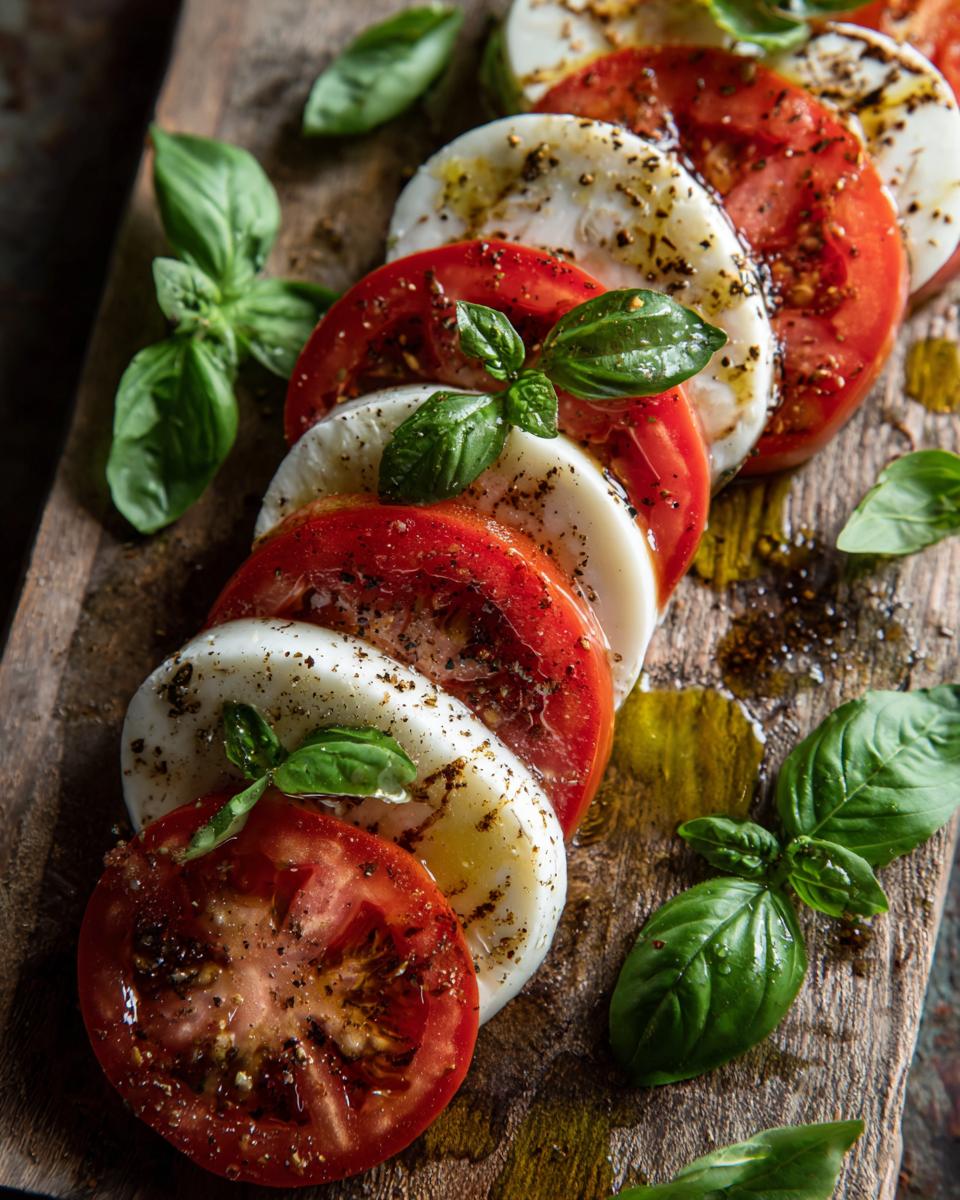 Close-up of Caprese Salad Tomato Mozzarella Basil slices drizzled with olive oil on a wooden board.