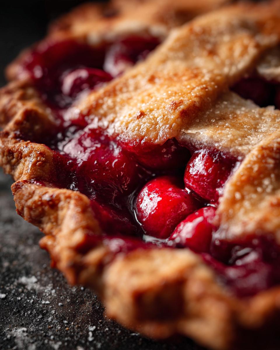A close-up image of a homemade Cherry Cobbler with a lattice crust and juicy cherry filling.