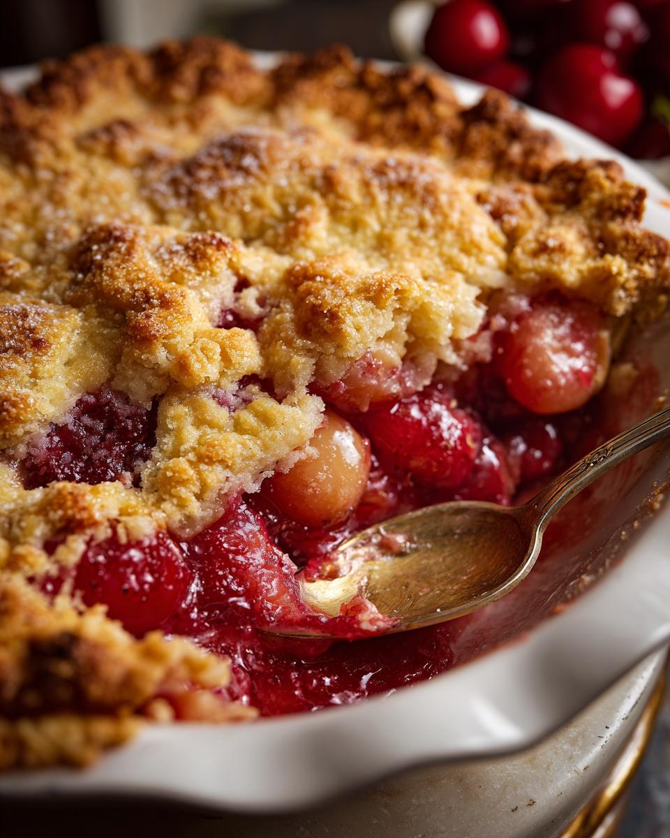 Close-up of a delicious cherry cobbler with a golden spoon, showcasing the cherry filling and crumbly topping.