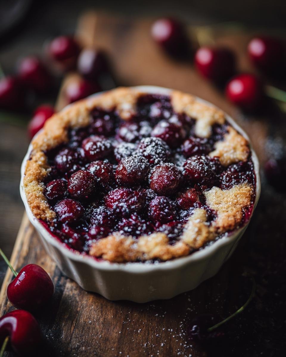Close-up of a freshly baked Cherry Cobbler in a white dish, dusted with powdered sugar and surrounded by fresh cherries.