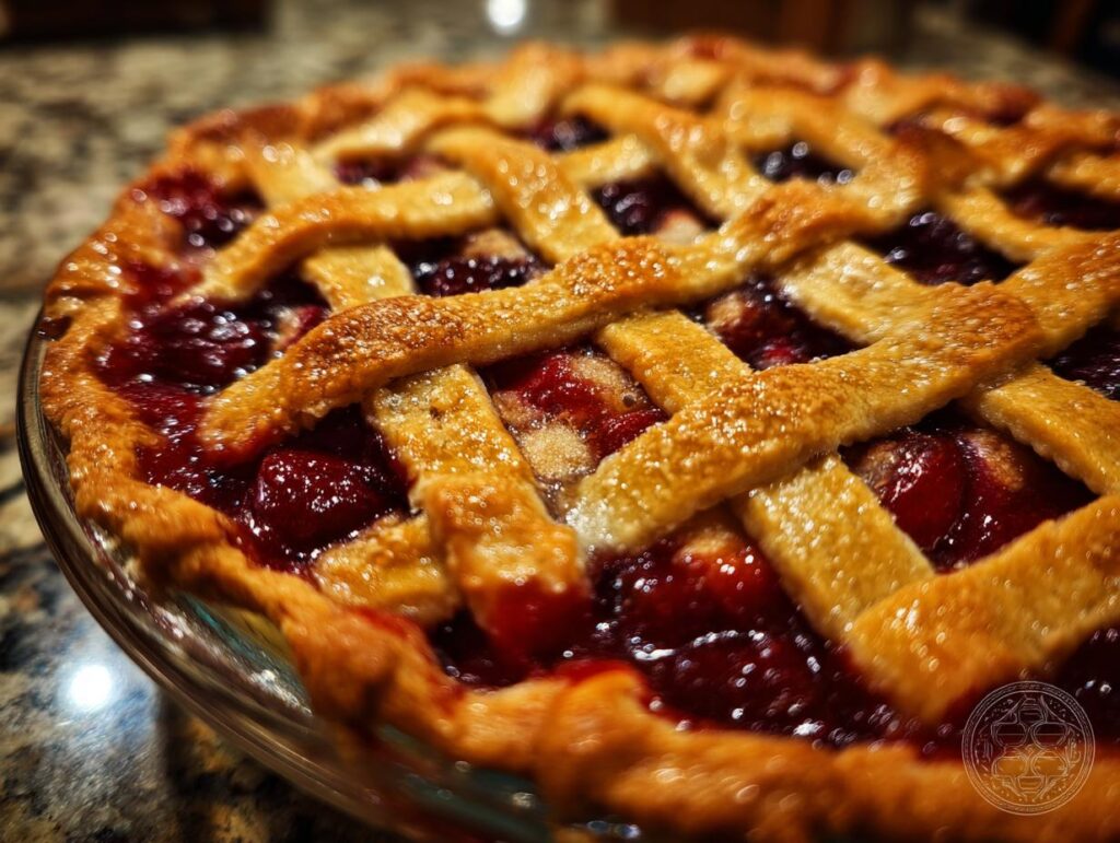 Close-up of a freshly baked Cherry Cobbler with a golden lattice crust in a glass pie dish.