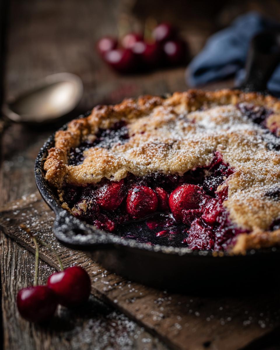 Rustic cherry cobbler in a cast iron skillet, dusted with powdered sugar. Perfect homemade cherry cobbler recipe.