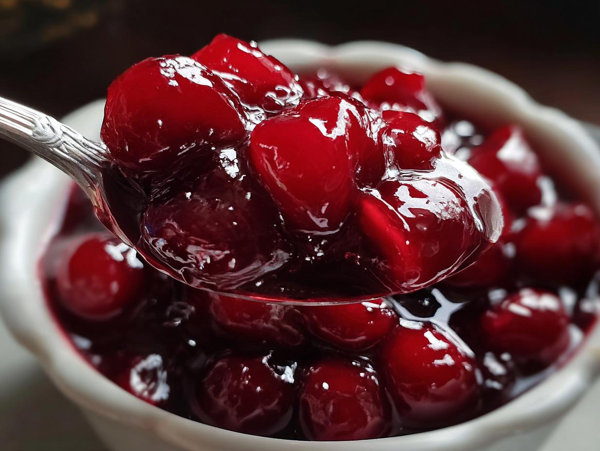 Spoonful of thick and juicy homemade cherry pie filling, ready to stop runny pies!