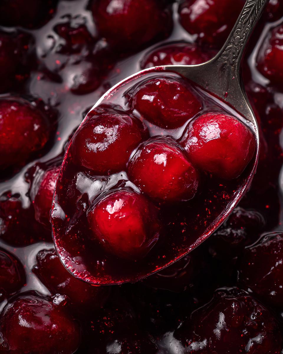Close-up of thick and juicy homemade cherry pie filling on a spoon. Stop Runny Pies!