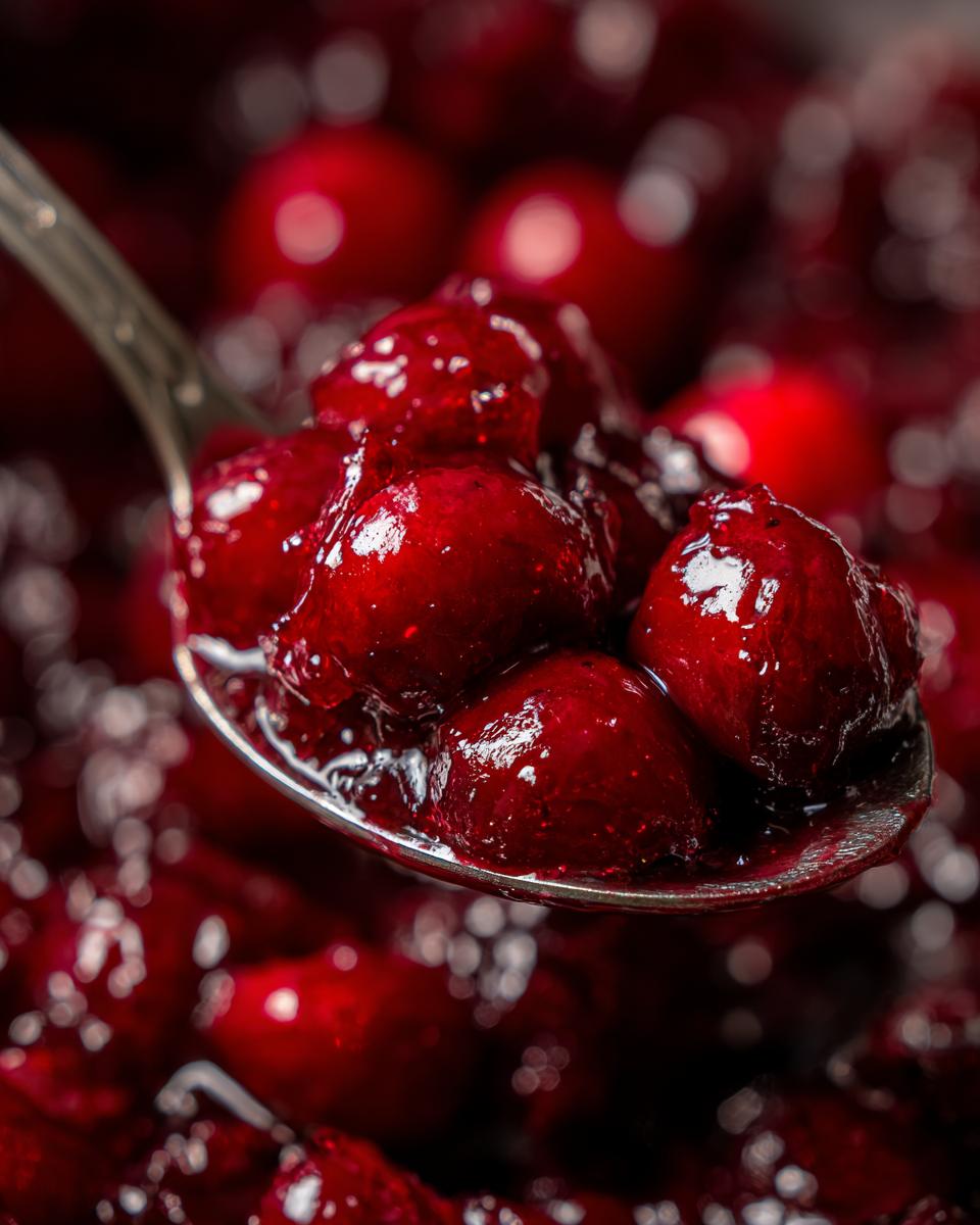 Close-up of thick & juicy homemade cherry pie filling on a spoon, ready for baking.
