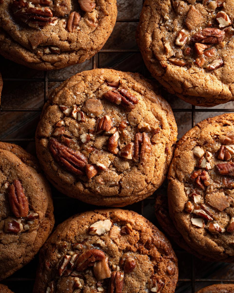 Overhead shot of several chewy brown butter pecan cookies cooling on a wire rack.