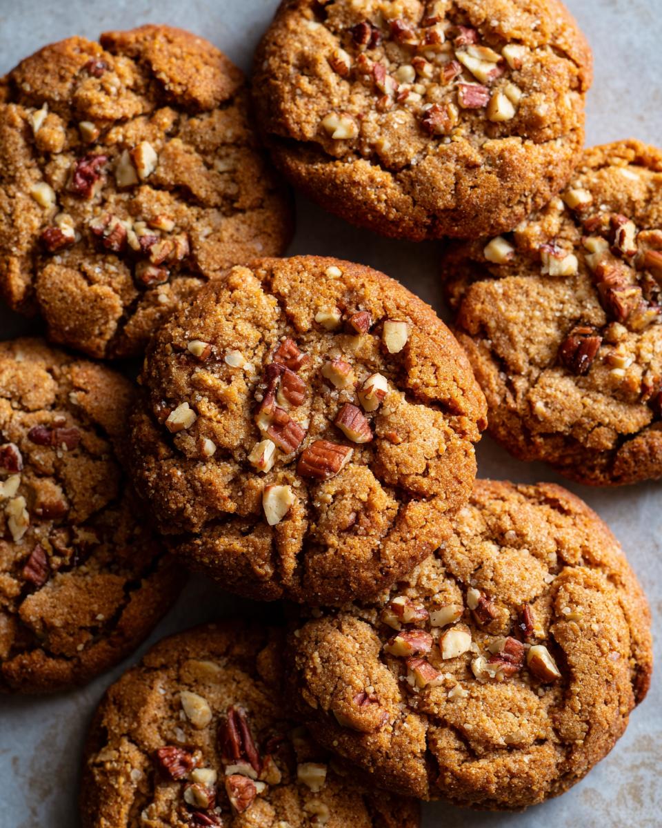 A close-up of several chewy brown butter pecan cookies, topped with chopped pecans.