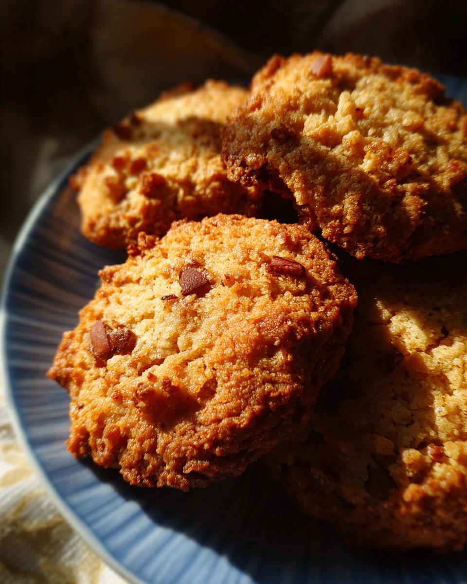 A stack of golden Chewy Brown Butter Pecan Cookies on a blue plate, showcasing their texture and pecan pieces.