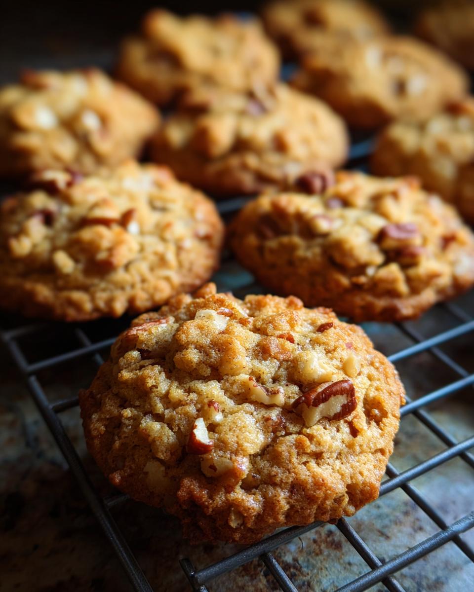 Freshly baked Chewy Brown Butter Pecan Cookies cooling on a wire rack, showcasing their texture and pecan pieces.