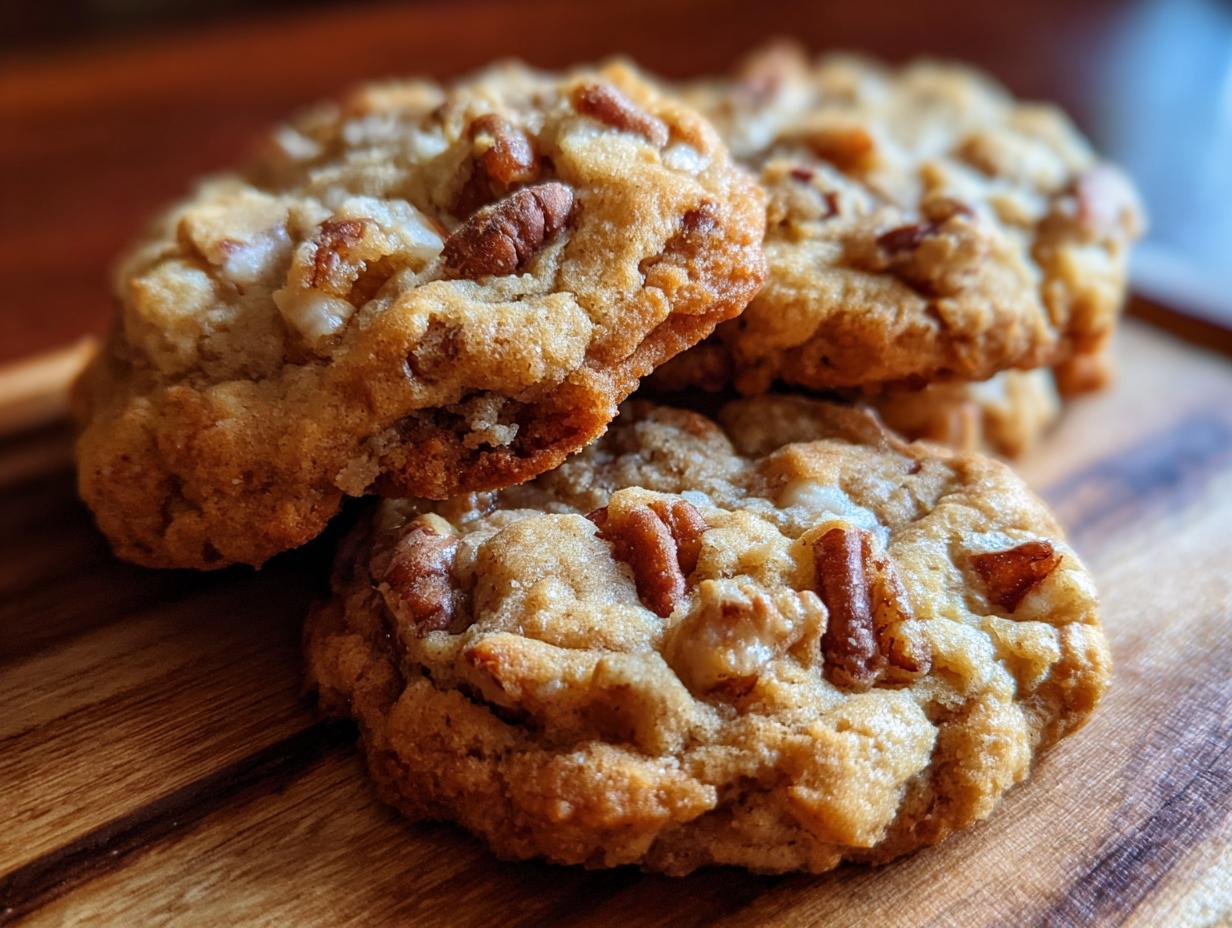 A stack of chewy brown butter pecan cookies on a wooden board, showcasing their texture and pecan pieces.